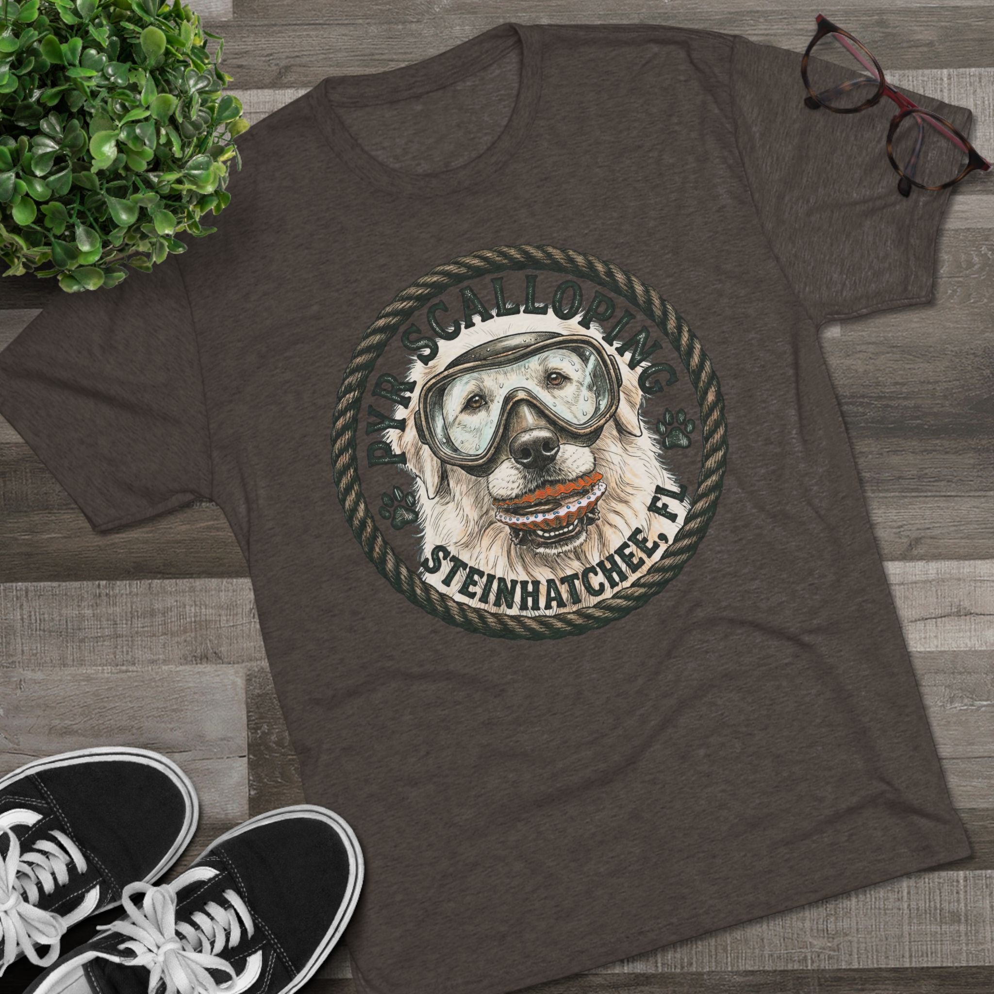 Scalloping Pup Graphic Tee — "Pup Scalloping" Steinhatchee FL Dog Snorkel T-Shirt