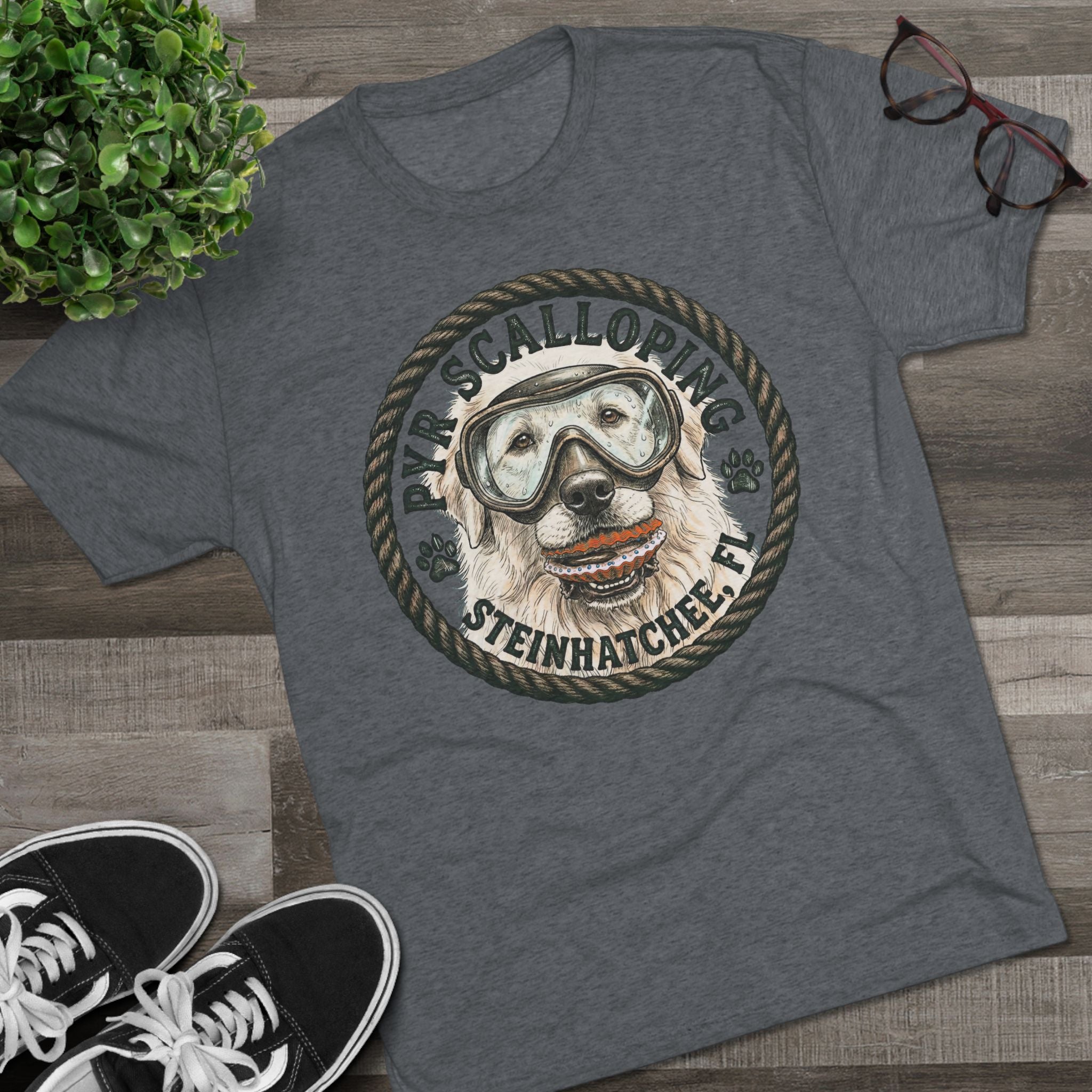 Scalloping Pup Graphic Tee — "Pup Scalloping" Steinhatchee FL Dog Snorkel T-Shirt