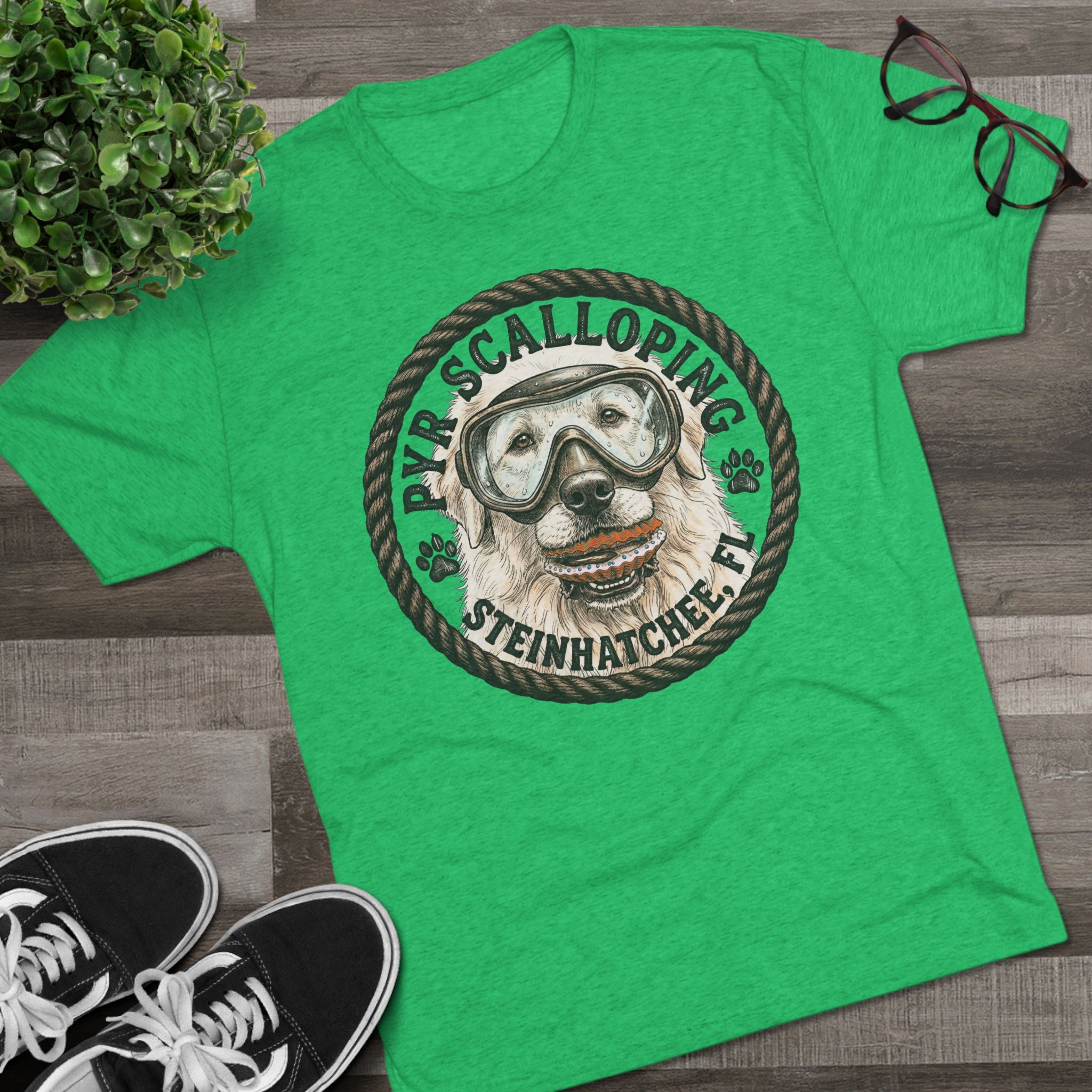 Scalloping Pup Graphic Tee — "Pup Scalloping" Steinhatchee FL Dog Snorkel T-Shirt