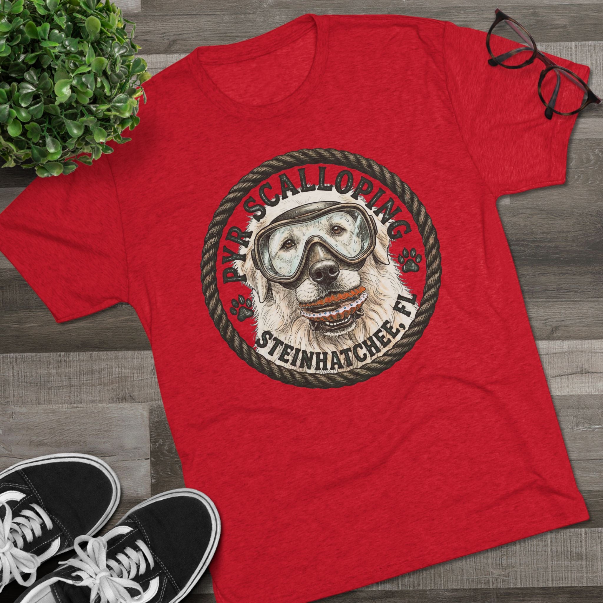 Scalloping Pup Graphic Tee — "Pup Scalloping" Steinhatchee FL Dog Snorkel T-Shirt